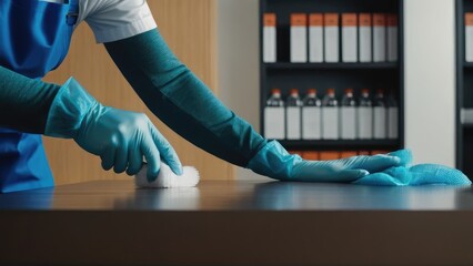 Professional cleaners carry out office cleaning, focusing on thorough desk and floor wiping to maintain a clean and organized workspace
