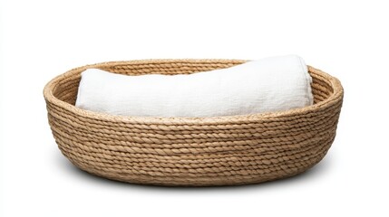 Rustic basket crafted from natural fibers and Angora wool, presented in a minimalist style on a white background, highlighting texture and softness