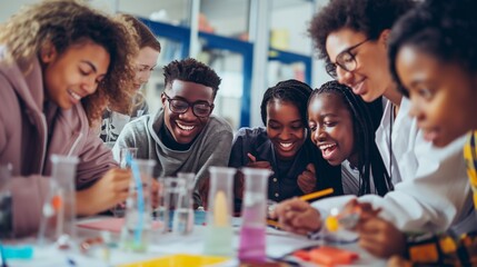 Diverse group of students laughing and enjoying their time in chemistry class while doing experiments and learning about chemical reactions at high school, college or university