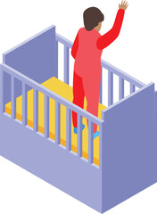 Baby boy wearing red pajamas is standing in a crib and waving his hand