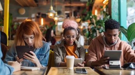 Three students are sitting together at a table in a cafe, using digital tablets and smartphones to do research and study