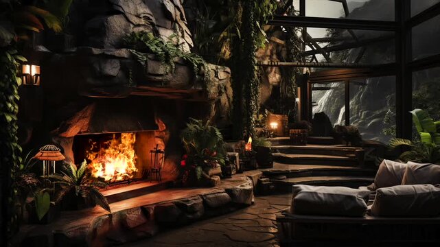 Cozy Lofi Living Room with Stone Fireplace, Plush Seating, and Breathtaking Forest and Waterfall View through Large Windows - Tranquil Space with Animated Virtual Background for Relaxation
