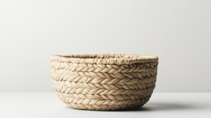 Fototapeta premium Rustic hemp fiber basket with natural texture, organic design, placed on a white background, emphasizing eco-friendly materials