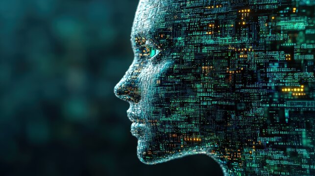 Digital human face composed of binary code, representing futuristic technology in a vibrant and abstract manner.