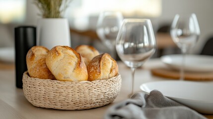 Rustic rattan basket with a low profile, filled with crusty artisanal bread, placed on a modern dining table with a cozy dinner setup