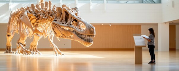 Profile view of a young student engaging with a dinosaur exhibit.