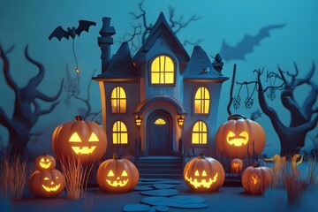 Fototapeta premium 3D scary Pumpkin rising out of graveyard, Halloween poster or banner background with copy space.