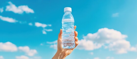 Hand holding a plastic water bottle against a vibrant blue sky with scattered white clouds. Concept of hydration and environmental awareness.