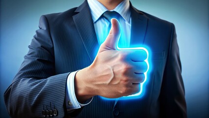 A raised human hand forms a thumbs up gesture, with a bright blue icon of a thumbs up sign hovering above the fingertips, symbolizing approval.