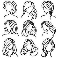 Collection. Silhouettes of a girl head in a modern one line style. Aesthetic outline, posters, stickers, logo. Vector illustration set