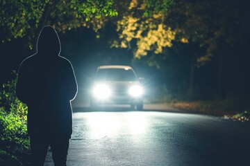 Mysterious figure on dark road with approaching car headlights at night