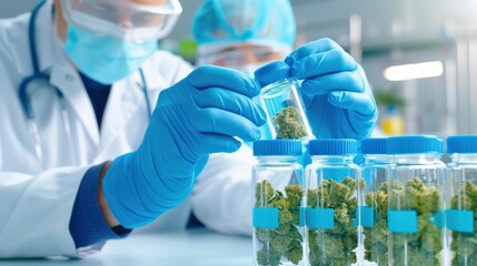 Scientists in lab coats and gloves examining cannabis samples in jars, conducting research for medical purposes in a laboratory.