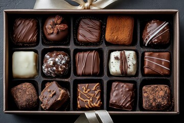 A visually appealing assortment of gourmet chocolates presented in a decorative box tied with a bow, showcasing a variety of textures, shapes, and flavors.