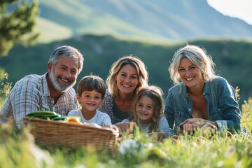 Happy Family Picnic in the Mountain Meadow