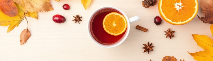 A cup of spiced autumn tea with an orange slice, surrounded by fall leaves, cranberries, and star anise on a light wooden surface