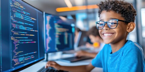 Smiling young boy learning computer programming at desk with multiple monitors displaying code in a classroom setting.