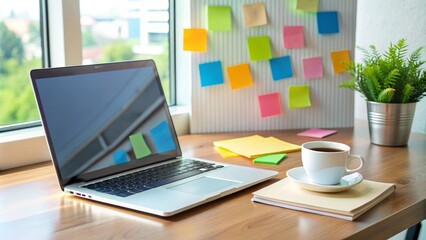 A sleek, modern desk with a laptop, notebook, and coffee cup, surrounded by colorful sticky notes and diagrams, conveying a thoughtful messaging strategy.