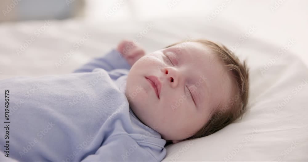 Sticker Relax, growth and sleep with a baby in a bedroom closeup in a home, dreaming during a nap for child development. Kids, calm and rest with an adorable newborn infant asleep on a bed for comfort