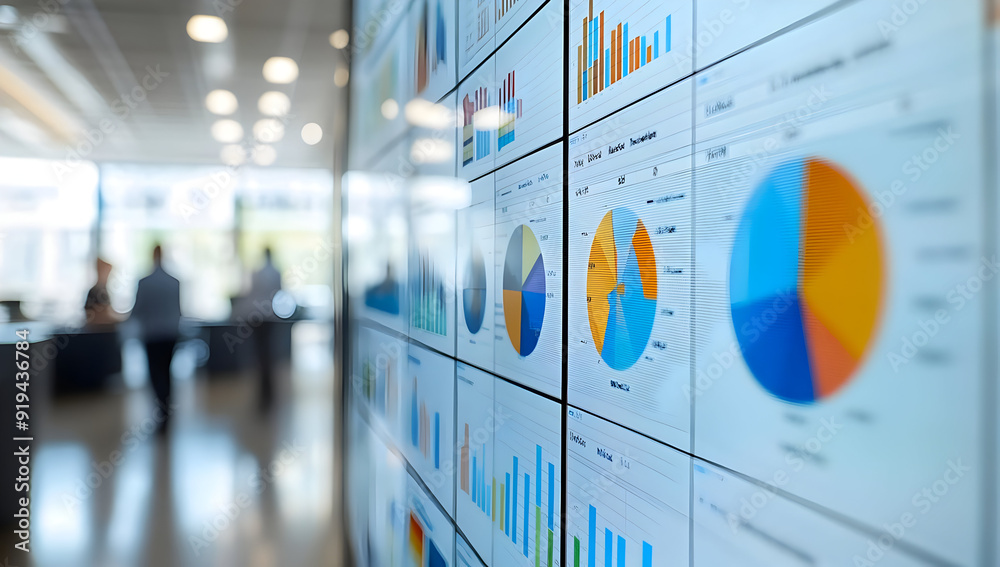 Poster a close-up view of data visualizations on screens in a modern office environment, showcasing charts 