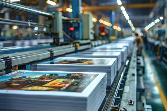 Wide shot of a busy print production line with stacks of freshly printed materials moving through the various stages