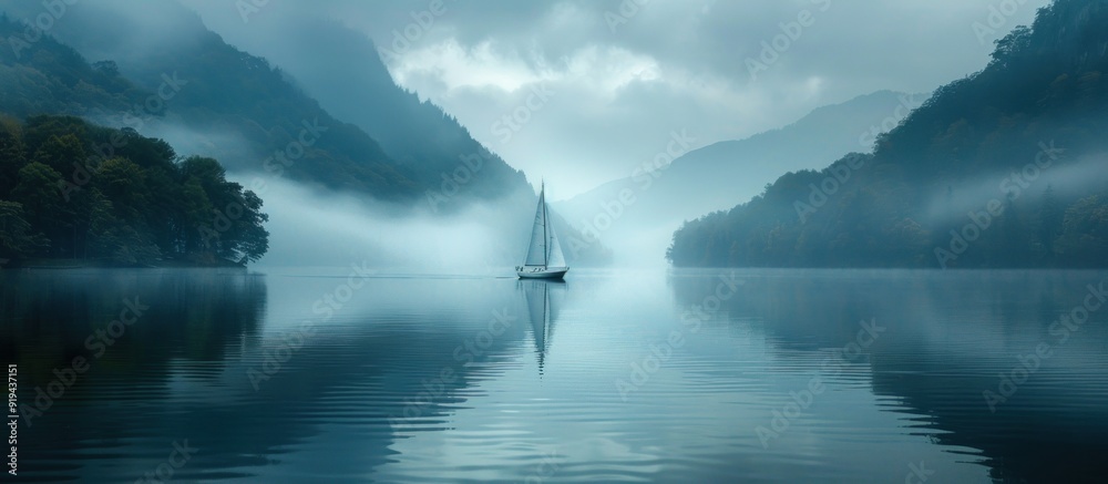 Wall mural sailboat in misty mountain lake