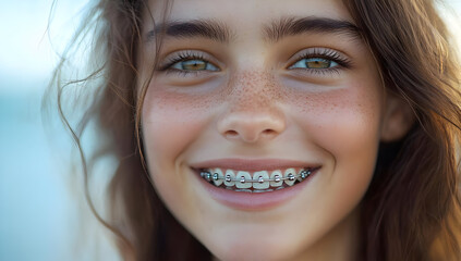 A cheerful girl with braces smiles brightly, showcasing her joyful personality and radiant beauty in a natural outdoor setting.