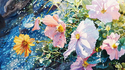 Ultra-realistic watercolor of a coastal garden, seaside flowers, ocean spray, morning dew ,Ultra-High Detail, Ultra-Realistic