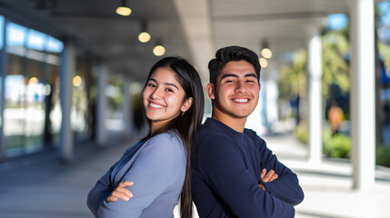 portrait of a couple of happy smiling hispanic latinos college students posing back to back