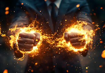 Dynamic image of a person generating energy with fiery hands, symbolizing power, strength, and control in a modern setting.