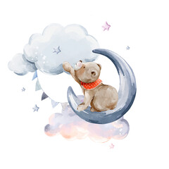 Watercolor hand drawing illustration with bear character. Cute baby animal on moon with stars, clouds, night sky. Nursery blue set for baby shower design, kids print, wall art
