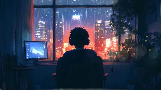 anime style It's a stunning night and a boy wear headphone near the window with rain  view