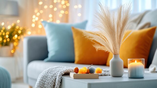 A cozy living room with soft furnishings, warm lighting, and a focus on relaxation and mental well-being