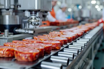 A modern salami production line with machines and workers efficiently processing and packaging salami in a clean, organized facility