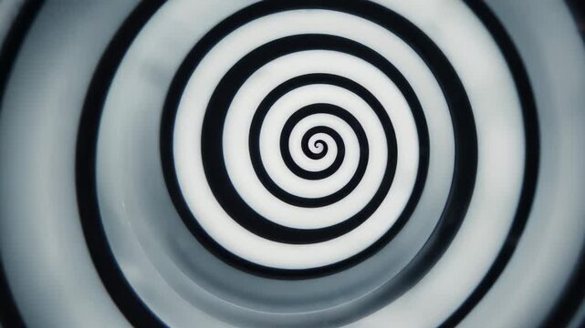 A black and white hypnotic spiral that twists into the center creates a sense of movement and illusion.