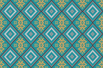 Ethnic geometric seamless fabric pattern ,Cross Stitch ,Pixel pattern embroidery oriental ,Decoration ,Background ,Vector ,Abstract ,illustration ,Texture ,Carpet ,Wallpaper ,Cross stitch ,ethnic 