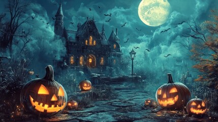 Spooky Halloween setting with carved pumpkins, haunted house, full moon, bats, and an eerie blue night sky, embodying a classic, festive October scene.