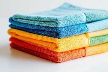 microfiber cleaning cloths in teal, blue, yellow, and orange