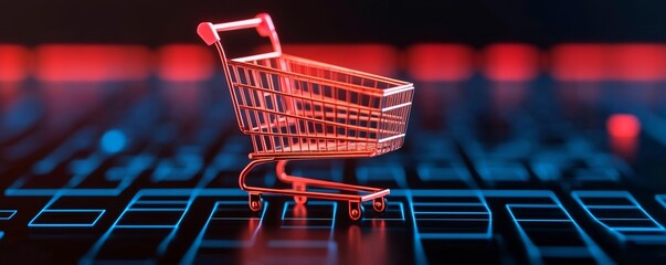 Futuristic online retail data, vibrant shopping cart with surrounding analytics, dynamic visualization of e-commerce metrics and market trends