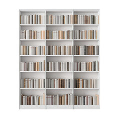 A well-organized bookshelf filled with books of various sizes and colors, perfect for study or decorating a library.