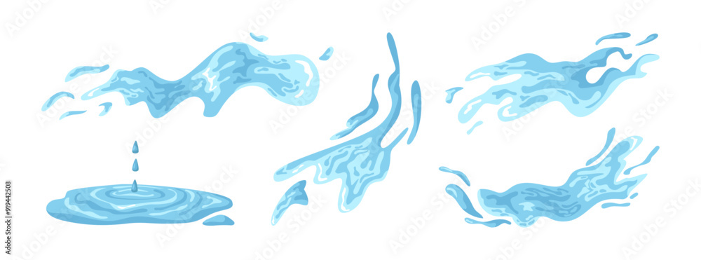 Poster set of water splashes, falling aqua drops, sea or ocean waves. vector isolated rainwater motion effe