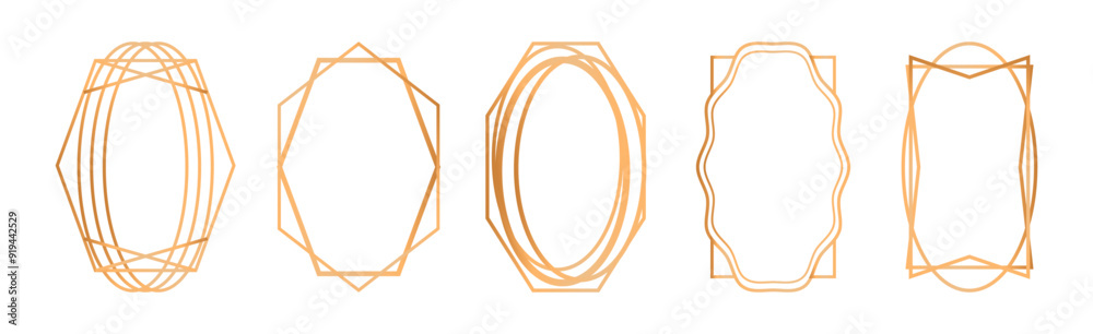 Aufkleber Geometrical polyhedrons in shape of oval and rectangle. Vector isolated set of abstract golden line frames with copy space. Empty borders for social media, typography or invitation card design