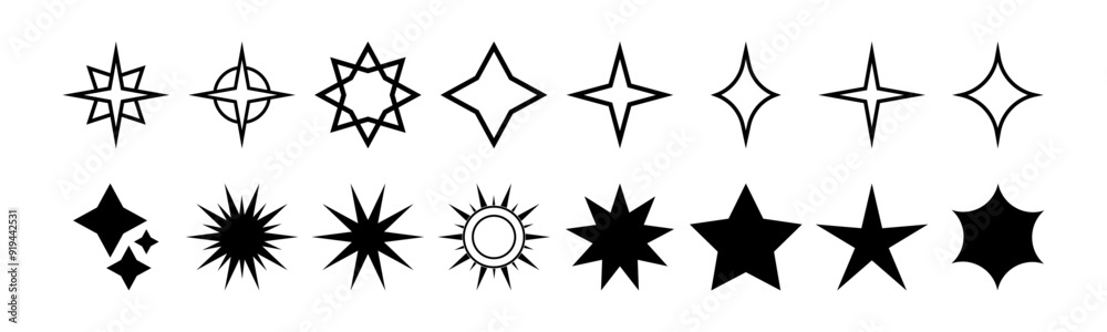 Poster stardust and simple minimalist stars sparkling. vector isolated set of shining and glowing decoratio