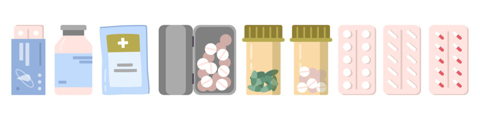 Blister and medicine for treatment and health care. Vector isolated set of empty pills and drugs. Pharmacology and prescription for patients from doctors, clinics and hospitals, antibiotic