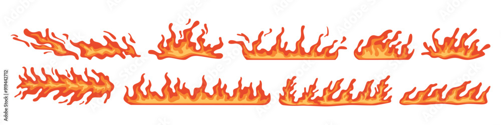 Poster burning horizontal lines with blazing fire. vector isolated tongues of flame. simple wildfire or bon