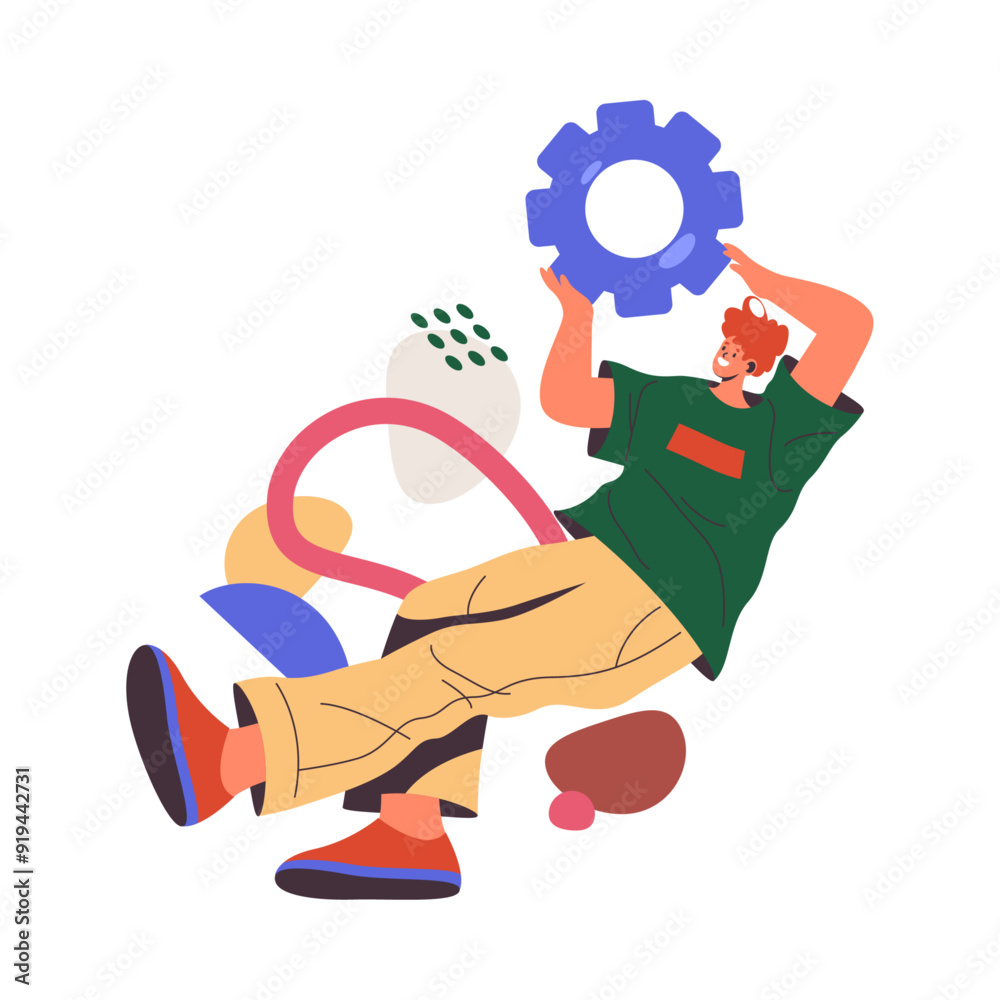 Poster Employee working on project, flat cartoon vector illustration. Isolated personage with cogwheels and settings, adjustment for work. Solving issues and problems with creative approach