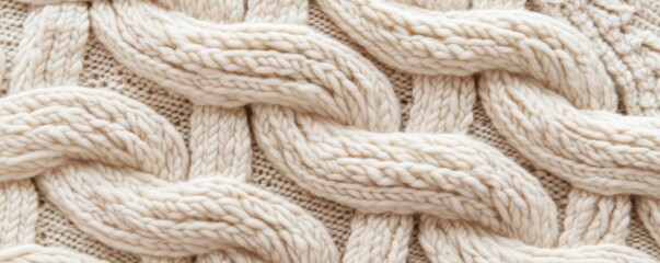 Close-up of a textured cable knit pattern in soft, cream-colored yarn, ideal for cozy home decor or fashion backgrounds.