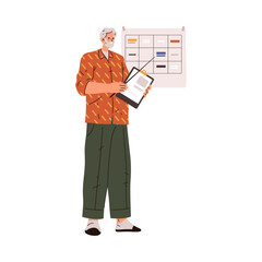 Senior man teaching students at university or college. Isolated tutor or lecturer with charts and diagrams for lessons and classes. Teacher with pointer. Vector cartoon character in flat style