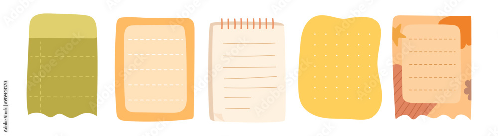 Aufkleber Blank pages of notebook or diary with different pattern print, isolated set of notepads with spiral binder. Vector stationery for school, office or university. Sketchbook or worksheet, empty organizer