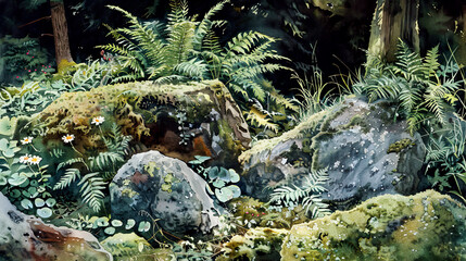 Ultra-realistic watercolor of a woodland garden, ferns, mossy stones, morning dew ,Ultra-High Detail, Ultra-Realistic