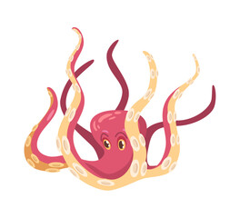 Kraken octopus with tentacles, sucker limbs, flat cartoon animal. Vector marine creature, sea and ocean underwater squid illustration. Aquatic cuttlefish, cephalopod octopus seafood